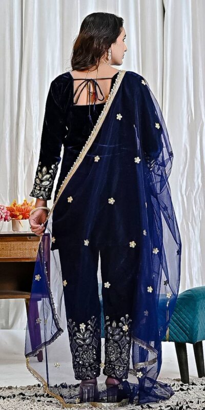 MD 3072 Navy Blue Viscose Velvet Salwar Suit with Embroidery Work & Lace Work. Grab it for ₹2399. Delivery 4-6 Working Days. Shop now. | Jump Suits, Salwar suit, Casual Suits, Creative suits, Designer Suits, Palazzo Suits, Party Wear Suits, Patiala Suits, Straight Suits