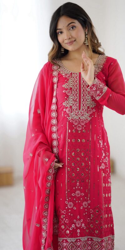SP 37 Pink Faux Georgette Salwar Suit with Mirror Work & Embroidery Work. Get it for ₹1999. Delivery 4-6 Working Days. Shop now. | Jump Suits, Salwar suit, Casual Suits, Creative suits, Designer Suits, Palazzo Suits, Party Wear Suits, Patiala Suits, Straight Suits