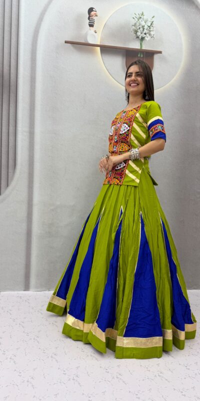 PC 584 Parrot Green in Pure Cotton Mirror Work & Gamthi Work Lehenga Choli . Exclusive Offer ₹2249. Delivery 4-6 Working Days. Shop now. | Lehenga, Bollywood Lehenga, Creative Lehenga, Designer Lehenga, Embroidered Lehenga, Party Wear Lehenga