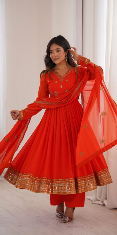 SP 104 Red| Faux Georgette Salwar Suit with Lace Work & Digital Print. Introductory Price ₹2799. Delivery 4-6 Working Days. Shop now. | Anarkali Suits, Bollywood Anarkali, Creative-Anarkali, Designer Anarkali, Embroidered Anarkali, Party Wear Anarkali