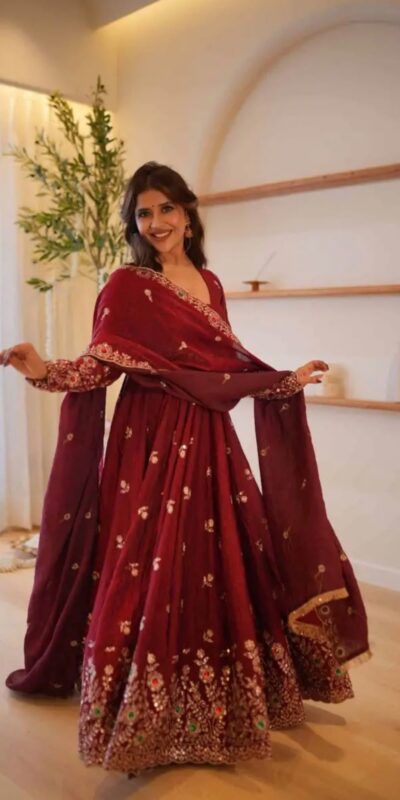 ZSR 3192 Maroon Doremon Crush Gown with Lace Work & Mirror Work. Exclusive Offer ₹2799. Delivery 4-6 Working Days. Shop now. | Gowns, Bollywood Gowns, Creative Gowns, Designer Gowns, Embroidered Gowns, Party Wear Gowns