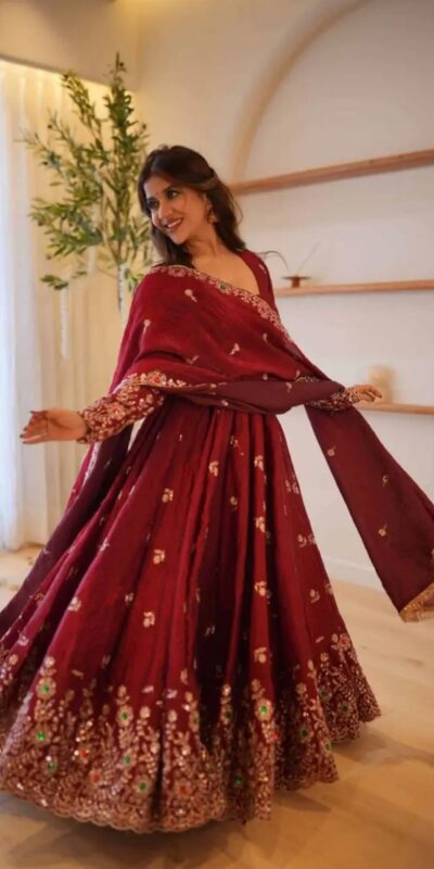 ZSR 3192 Maroon Doremon Crush Gown with Lace Work & Mirror Work. Exclusive Offer ₹2799. Delivery 4-6 Working Days. Shop now. | Gowns, Bollywood Gowns, Creative Gowns, Designer Gowns, Embroidered Gowns, Party Wear Gowns