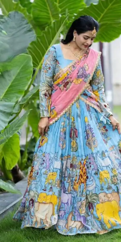 Aglow Blue Cotton Kalamkari Print Lehenga Choli | Lehenga, Bollywood Lehenga, Creative Lehenga, Designer Lehenga, Embroidered Lehenga, Party Wear Lehenga