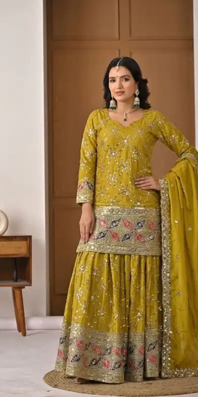 MD 3092 Mustered Chinnon Silk Salwar Suit Perfect for Wedding, Party, Ganesh Chaturthi, Baby Shower, Makar Sankranti – . Affordable Price ₹2449. De | Jump Suits, Salwar suit, Casual Suits, Creative suits, Designer Suits, Palazzo Suits, Party Wear Suits, Patiala Suits, Straight Suits