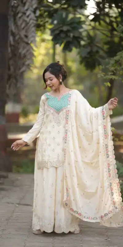 Aglow Off White Chinon Embroider Work Salwar Suit | Jump Suits, Salwar suit, Casual Suits, Creative suits, Designer Suits, Palazzo Suits, Party Wear Suits, Patiala Suits, Straight Suits