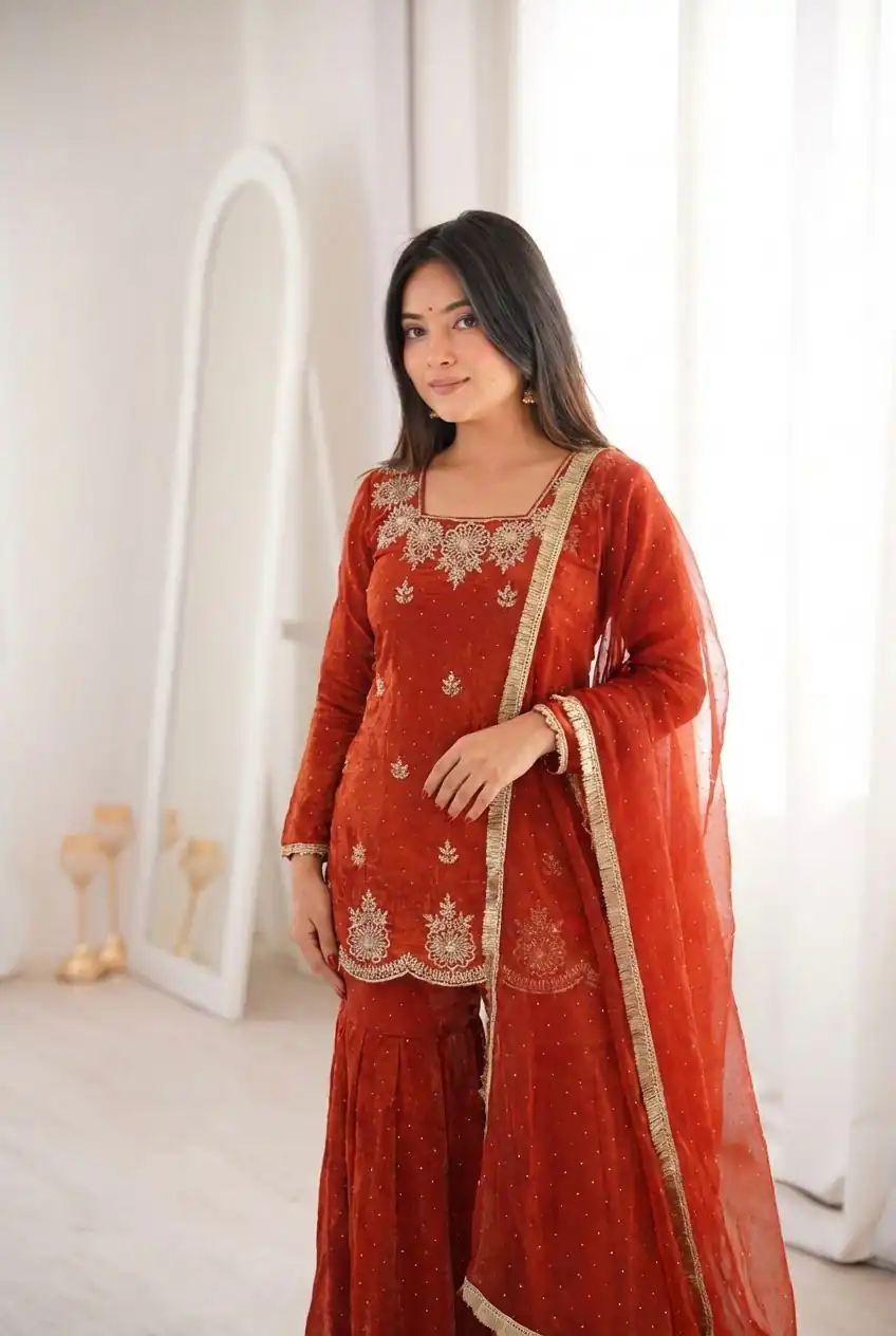 ZSR 3166 Rust Color Fendy Silk With Embroidery Work Salwar Suit. Get it for ₹2149. Delivery 4-6 Working Days. Online Shop now. | Jump Suits, Salwar suit, Casual Suits, Creative suits, Designer Suits, Palazzo Suits, Party Wear Suits, Patiala Suits, Straight Suits