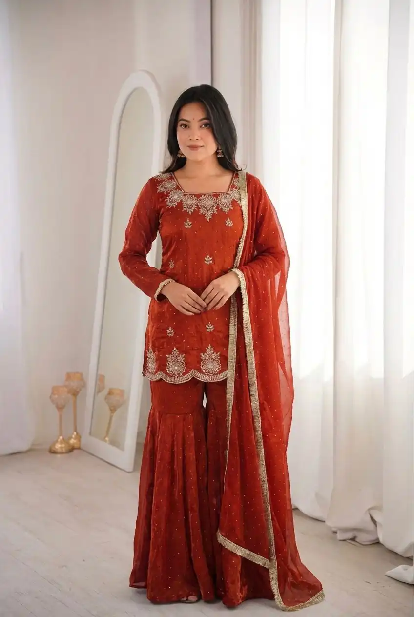 ZSR 3166 Rust Color Fendy Silk With Embroidery Work Salwar Suit. Get it for ₹2149. Delivery 4-6 Working Days. Online Shop now. | Jump Suits, Salwar suit, Casual Suits, Creative suits, Designer Suits, Palazzo Suits, Party Wear Suits, Patiala Suits, Straight Suits