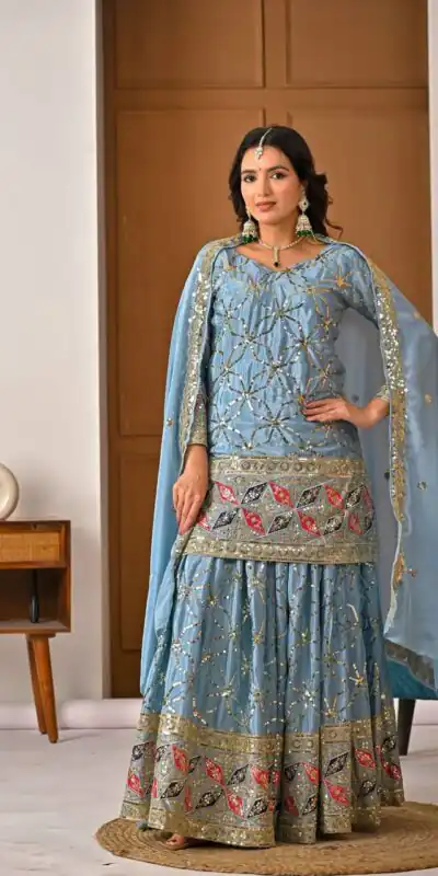 MD 3092 Sky Blue Chinnon Silk Salwar Suit Perfect for Wedding, Party, Ganesh Chaturthi, Baby Shower, Makar Sankranti – . Affordable Price ₹2449. De | Jump Suits, Salwar suit, Casual Suits, Creative suits, Designer Suits, Palazzo Suits, Party Wear Suits, Patiala Suits, Straight Suits