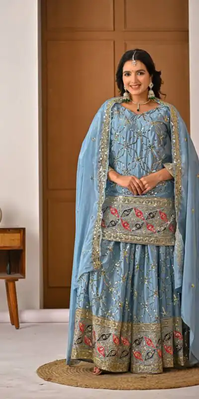 MD 3092 Sky Blue Chinnon Silk Salwar Suit Perfect for Wedding, Party, Ganesh Chaturthi, Baby Shower, Makar Sankranti – . Affordable Price ₹2449. De | Jump Suits, Salwar suit, Casual Suits, Creative suits, Designer Suits, Palazzo Suits, Party Wear Suits, Patiala Suits, Straight Suits