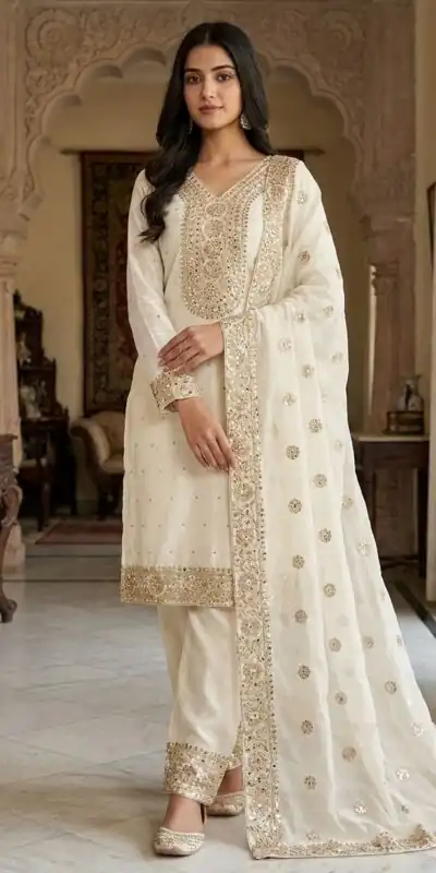 Alluring Off White Fendy Silk Sequence Work Salwar Suit | Jump Suits, Salwar suit, Casual Suits, Creative suits, Designer Suits, Palazzo Suits, Party Wear Suits, Patiala Suits, Straight Suits