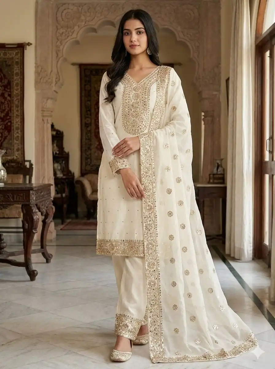 Alluring Off White Fendy Silk Sequence Work Salwar Suit | Jump Suits, Salwar suit, Casual Suits, Creative suits, Designer Suits, Palazzo Suits, Party Wear Suits, Patiala Suits, Straight Suits