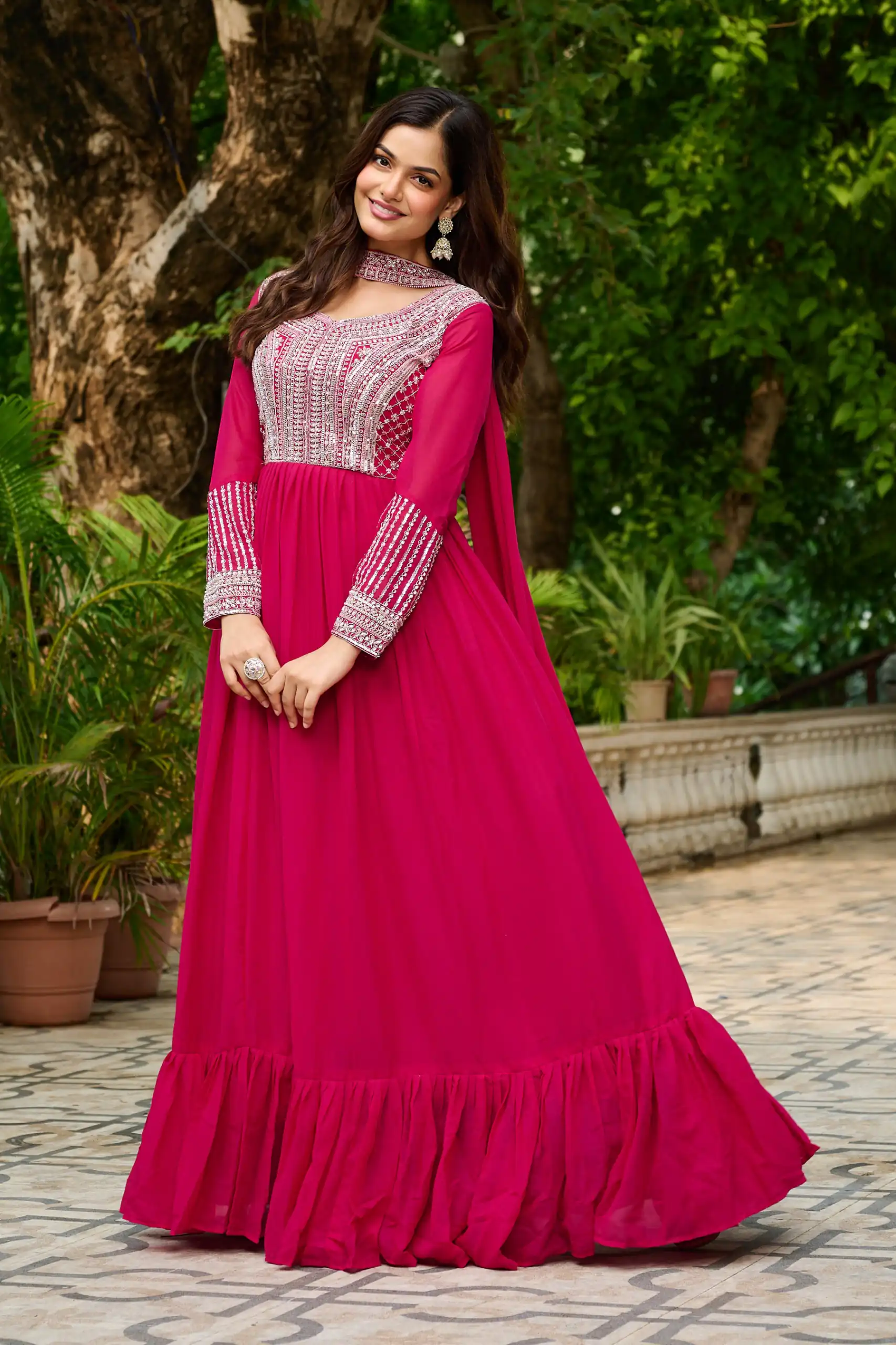 Alluring Pink Georgette Beads Sequins Work Gown | Gowns, Bollywood Gowns, Creative Gowns, Designer Gowns, Embroidered Gowns, Party Wear Gowns