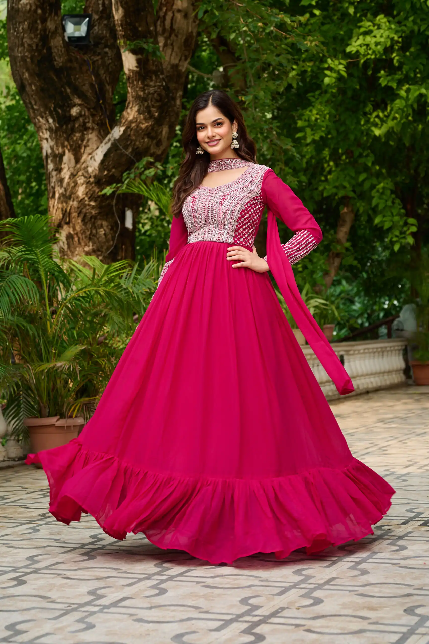 Alluring Pink Georgette Beads Sequins Work Gown | Gowns, Bollywood Gowns, Creative Gowns, Designer Gowns, Embroidered Gowns, Party Wear Gowns