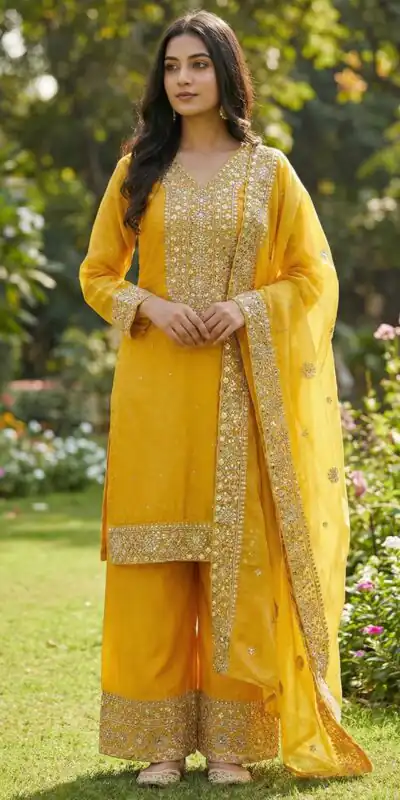 Alluring Yellow Fendy Silk Sequence Work Salwar Suit | Jump Suits, Salwar suit, Casual Suits, Creative suits, Designer Suits, Palazzo Suits, Party Wear Suits, Patiala Suits, Straight Suits