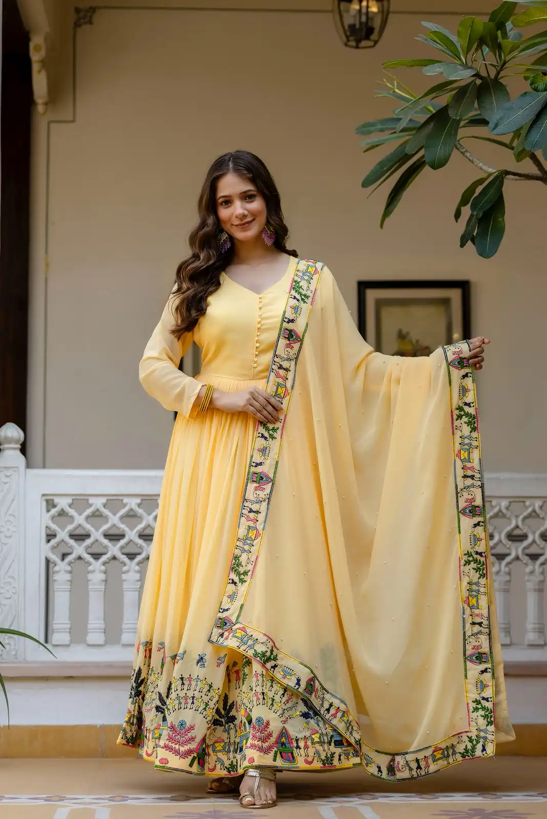 Alluring Yellow Georgette Embroider Work Gown | Gowns, Bollywood Gowns, Creative Gowns, Designer Gowns, Embroidered Gowns, Party Wear Gowns