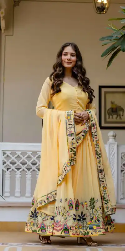 Alluring Yellow Georgette Embroider Work Gown | Gowns, Bollywood Gowns, Creative Gowns, Designer Gowns, Embroidered Gowns, Party Wear Gowns