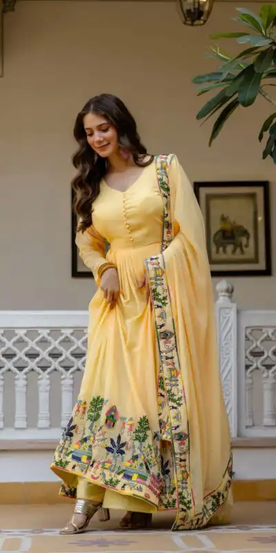 Alluring Yellow Georgette Embroider Work Gown | Gowns, Bollywood Gowns, Creative Gowns, Designer Gowns, Embroidered Gowns, Party Wear Gowns