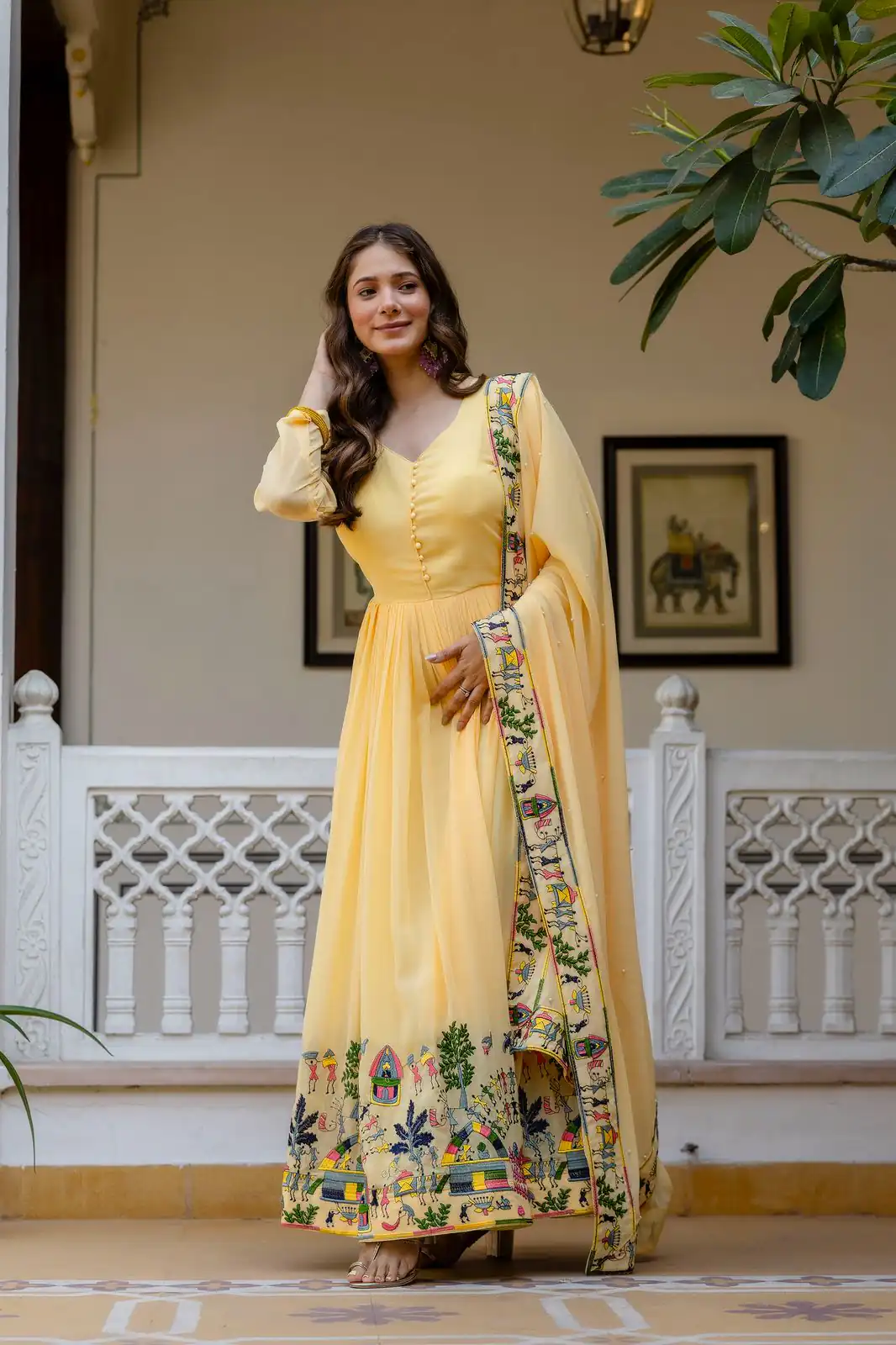 Alluring Yellow Georgette Embroider Work Gown | Gowns, Bollywood Gowns, Creative Gowns, Designer Gowns, Embroidered Gowns, Party Wear Gowns