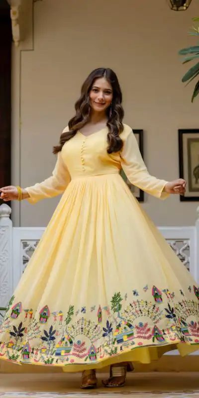 Alluring Yellow Georgette Embroider Work Gown | Gowns, Bollywood Gowns, Creative Gowns, Designer Gowns, Embroidered Gowns, Party Wear Gowns