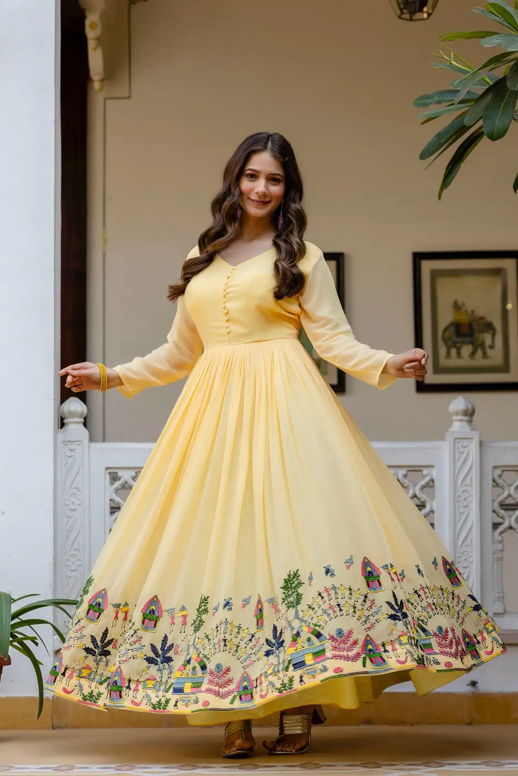 Alluring Yellow Georgette Embroider Work Gown | Gowns, Bollywood Gowns, Creative Gowns, Designer Gowns, Embroidered Gowns, Party Wear Gowns