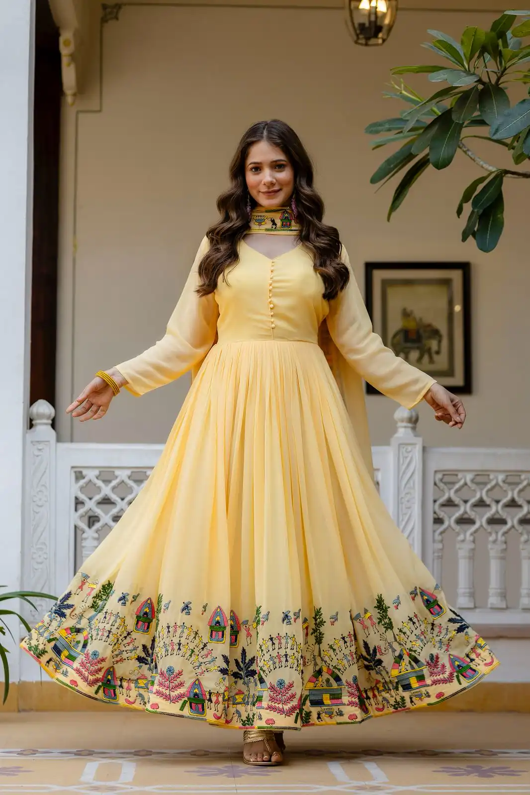 Alluring Yellow Georgette Embroider Work Gown | Gowns, Bollywood Gowns, Creative Gowns, Designer Gowns, Embroidered Gowns, Party Wear Gowns