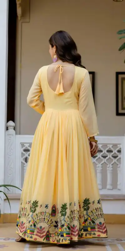Alluring Yellow Georgette Embroider Work Gown | Gowns, Bollywood Gowns, Creative Gowns, Designer Gowns, Embroidered Gowns, Party Wear Gowns