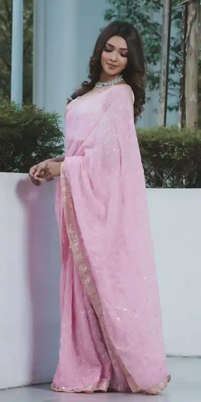 Baby Pink Georgette Embroidery Sequence Saree | Sarees, Bollywood Sarees, Creative Sarees, Designer Sarees, Embroidered Sarees, Ethnic Saree, Modern Digital sarees, Party Wear Sarees