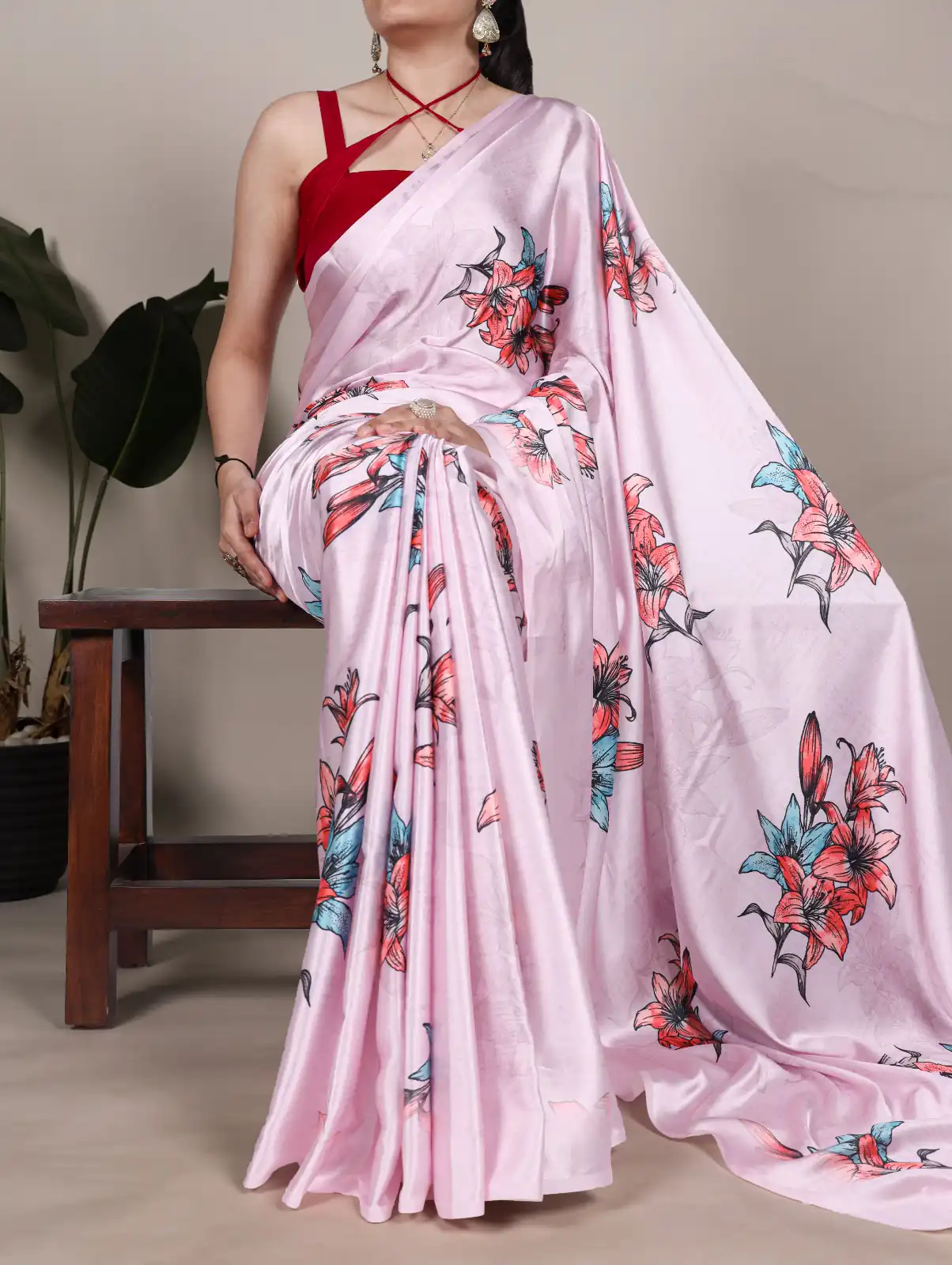 Baby Pink Satin Silk With Floral Printed Saree | Sarees, Bollywood Sarees, Creative Sarees, Designer Sarees, Embroidered Sarees, Ethnic Saree, Modern Digital sarees, Party Wear Sarees