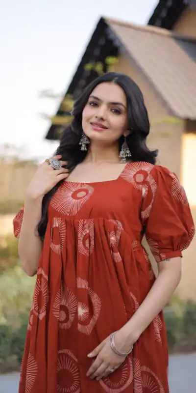 KA 1249 Rust Color Cotton Kurti with Printed Designer Work. Exclusive Offer ₹1519. Delivery 4-6 Working Days. Online Shop now. | Kurti, Bollywood Kurti, Creative Kurtis, Designer Kurti, Party Wear Kurti, Selfie Kurti