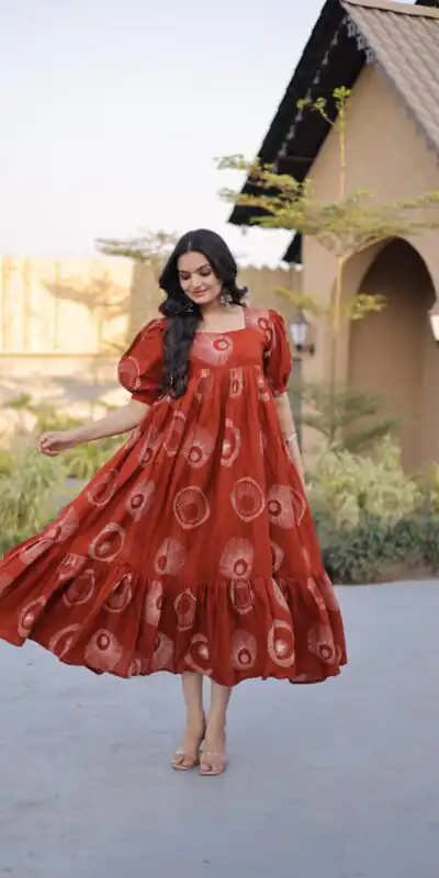 KA 1249 Rust Color Cotton Kurti with Printed Designer Work. Exclusive Offer ₹1519. Delivery 4-6 Working Days. Online Shop now. | Kurti, Bollywood Kurti, Creative Kurtis, Designer Kurti, Party Wear Kurti, Selfie Kurti