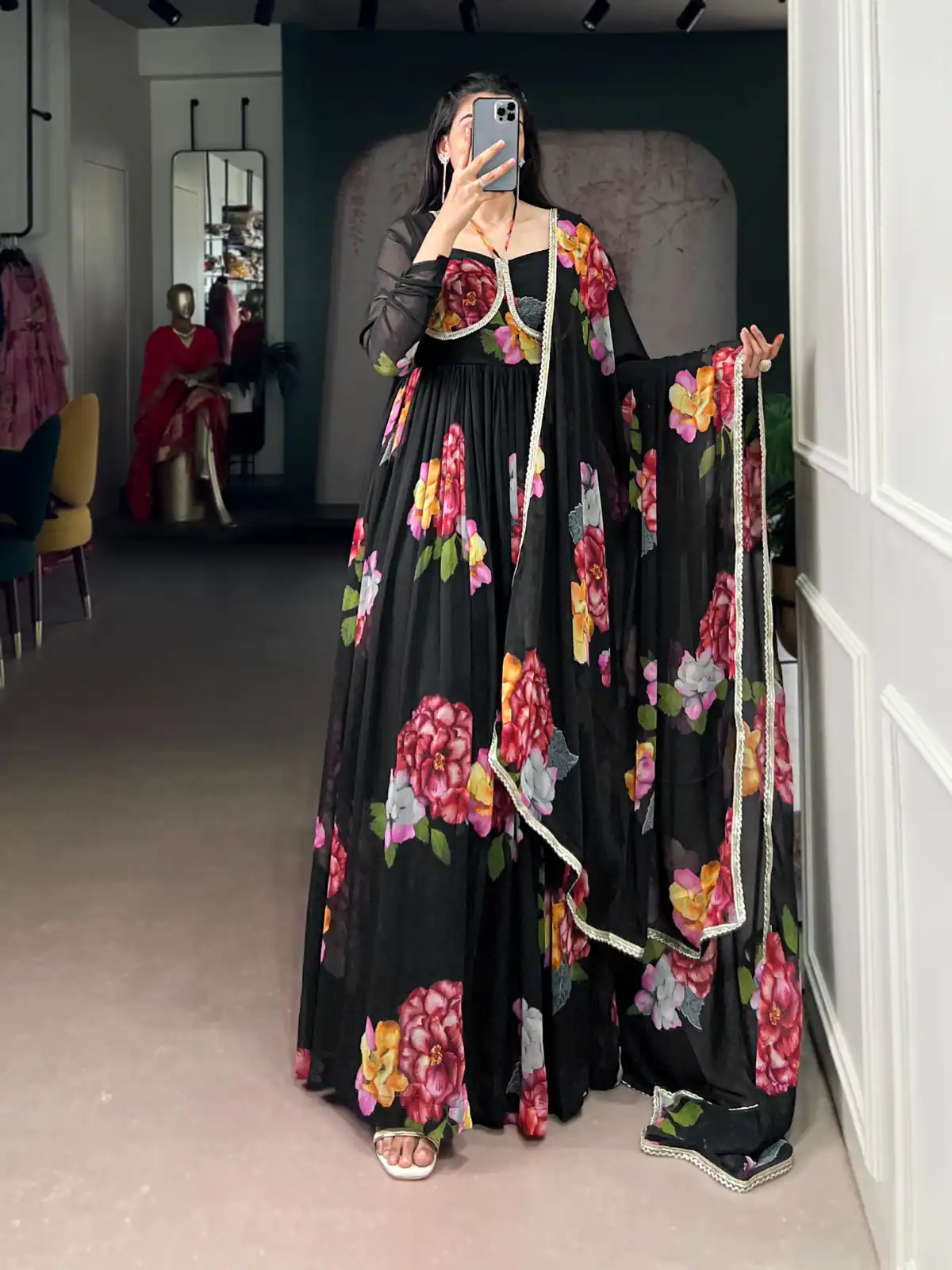 Black Chiffon Floral Print Lace Work Gown | Gowns, Bollywood Gowns, Creative Gowns, Embroidered Gowns, Party Wear Gowns