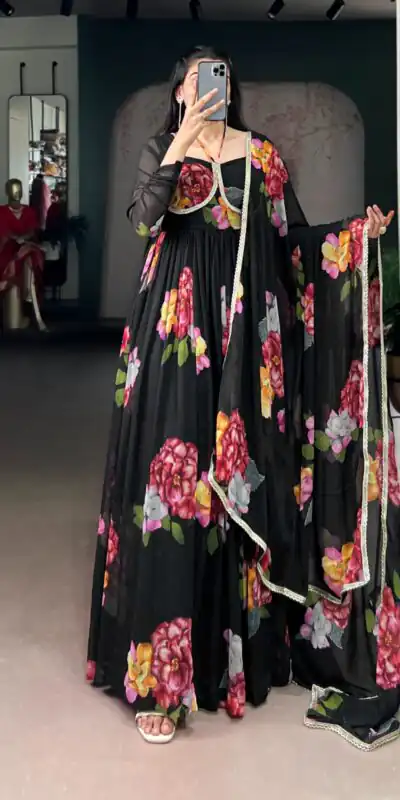 Black Chiffon Floral Print Lace Work Gown | Gowns, Bollywood Gowns, Creative Gowns, Embroidered Gowns, Party Wear Gowns