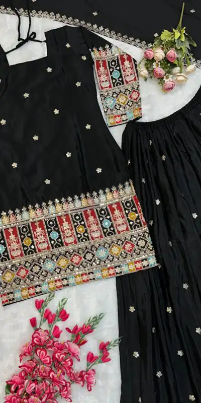 Black Chinnon Silk Embroidery Work Salwar Suit | Jump Suits, Salwar suit, Casual Suits, Creative suits, Designer Suits, Palazzo Suits, Party Wear Suits, Patiala Suits, Straight Suits