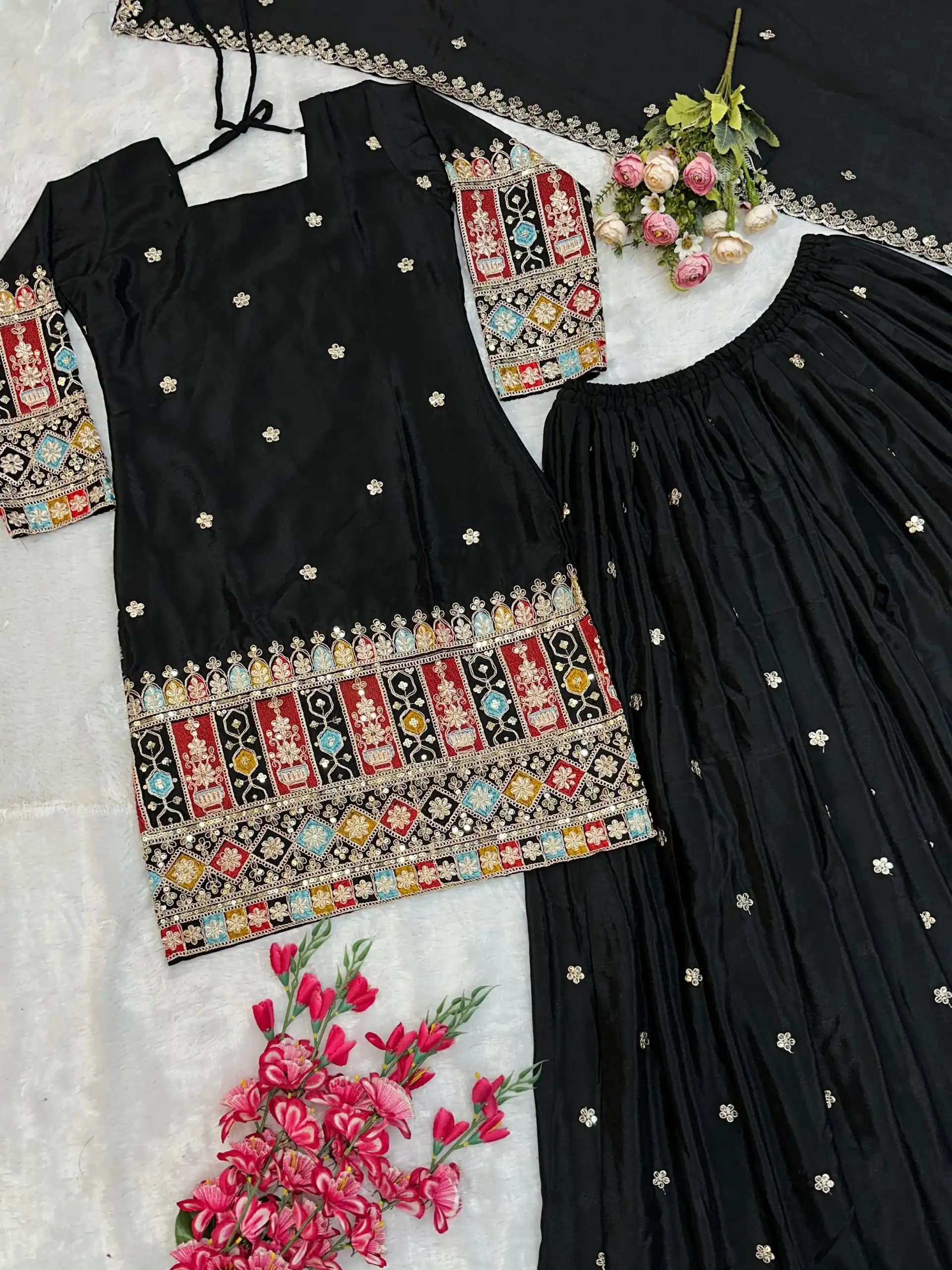 Black Chinnon Silk Embroidery Work Salwar Suit | Jump Suits, Salwar suit, Casual Suits, Creative suits, Designer Suits, Palazzo Suits, Party Wear Suits, Patiala Suits, Straight Suits