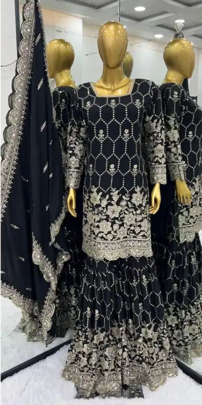 Black Chinnon Silk Embroidery Work Sharara Suit | Salwar suit, Casual Suits, Creative suits, Designer Suits, Palazzo Suits, Party Wear Suits, Straight Suits