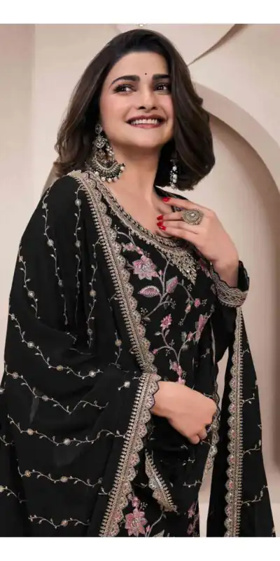 Black Chinon Multi Work Salwar Suit | Jump Suits, Salwar suit, Casual Suits, Creative suits, Designer Suits, Palazzo Suits, Party Wear Suits, Patiala Suits, Straight Suits