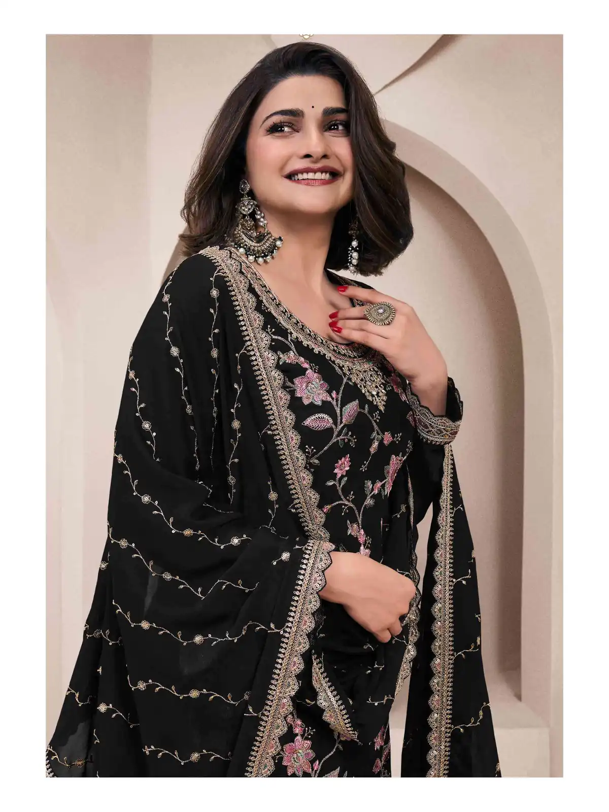 Black Chinon Multi Work Salwar Suit | Jump Suits, Salwar suit, Casual Suits, Creative suits, Designer Suits, Palazzo Suits, Party Wear Suits, Patiala Suits, Straight Suits