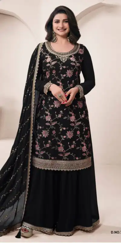 Black Chinon Multi Work Salwar Suit | Jump Suits, Salwar suit, Casual Suits, Creative suits, Designer Suits, Palazzo Suits, Party Wear Suits, Patiala Suits, Straight Suits