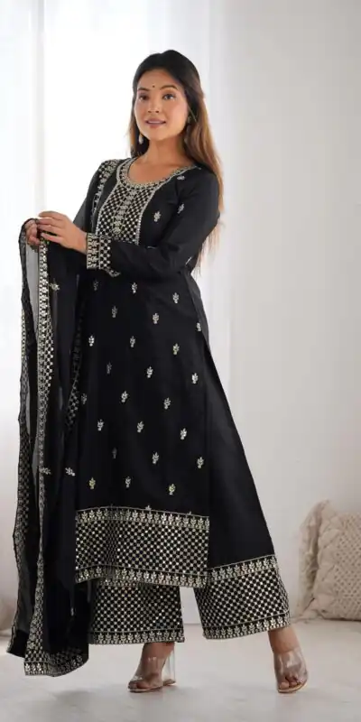 Black Chinon Silk Embroidery Jari Work Salwar Suit | Jump Suits, Salwar suit, Casual Suits, Creative suits, Designer Suits, Palazzo Suits, Party Wear Suits, Patiala Suits, Straight Suits