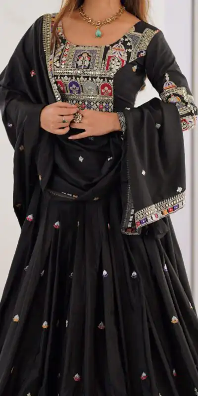 Black Chinon Silk Embroidery Work Lehenga Choli | Lehenga, Bollywood Lehenga, Creative Lehenga, Designer Lehenga, Embroidered Lehenga, Party Wear Lehenga