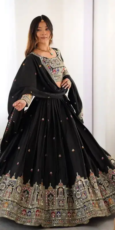 Black Chinon Silk Embroidery Work Lehenga Choli | Lehenga, Bollywood Lehenga, Creative Lehenga, Designer Lehenga, Embroidered Lehenga, Party Wear Lehenga