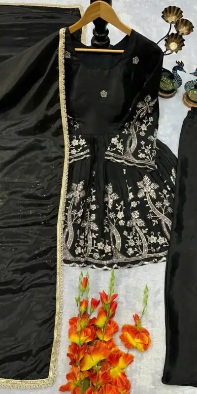 Black Chinon Silk Lace Embroidery Work Salwar Suit | Jump Suits, Salwar suit, Casual Suits, Creative suits, Designer Suits, Palazzo Suits, Party Wear Suits, Patiala Suits, Straight Suits