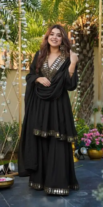Black Cosmos Mirror Lace Work Salwar Suit | Jump Suits, Tops & Bottoms, Track Suits, Salwar suit, Casual Suits, Creative suits, Designer Suits, Palazzo Suits, Party Wear Suits, Patiala Suits, Straight Suits, Trendy Wear