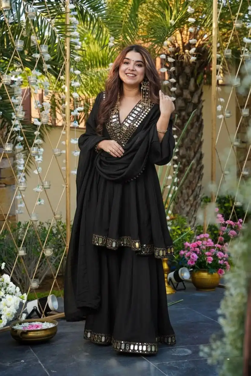Black Cosmos Mirror Lace Work Salwar Suit | Jump Suits, Tops & Bottoms, Track Suits, Salwar suit, Casual Suits, Creative suits, Designer Suits, Palazzo Suits, Party Wear Suits, Patiala Suits, Straight Suits, Trendy Wear
