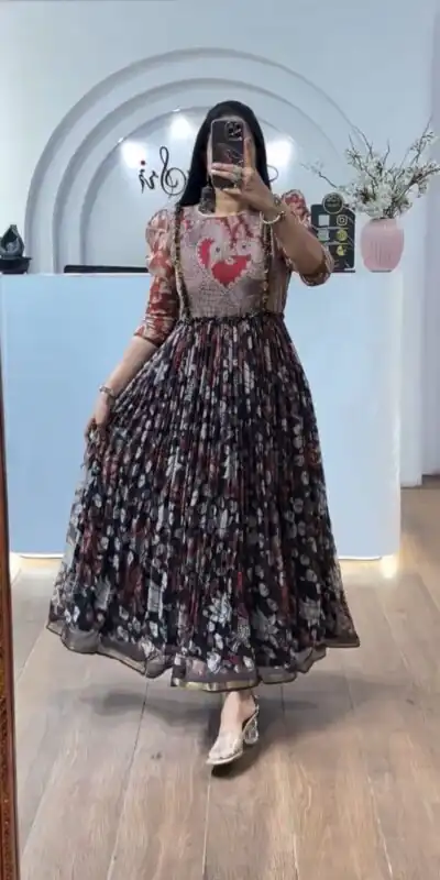 Black Cota Checks Kalamkari Print Gown | Gowns, Bollywood Gowns, Creative Gowns, Designer Gowns, Embroidered Gowns, Party Wear Gowns