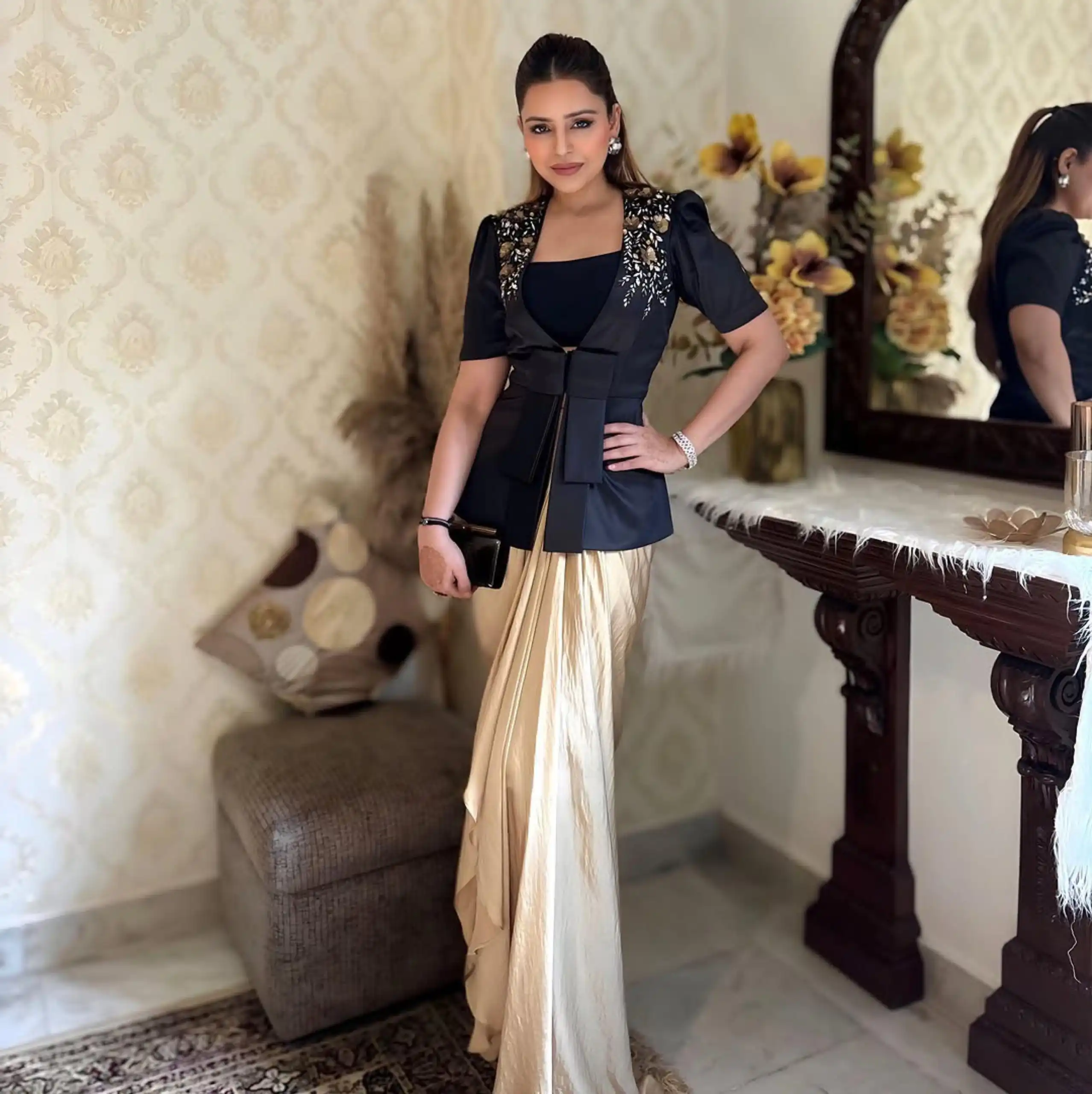 Black Cream French Crape Sequence Embroidery Dhoti Suit | Jump Suits, Salwar suit, Casual Suits, Creative suits, Designer Suits, Palazzo Suits, Party Wear Suits, Patiala Suits, Straight Suits