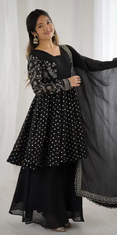 Black Crunchy Silk Embroidery Work Salwar Suit | Jump Suits, Salwar suit, Casual Suits, Creative suits, Designer Suits, Palazzo Suits, Party Wear Suits, Patiala Suits, Straight Suits