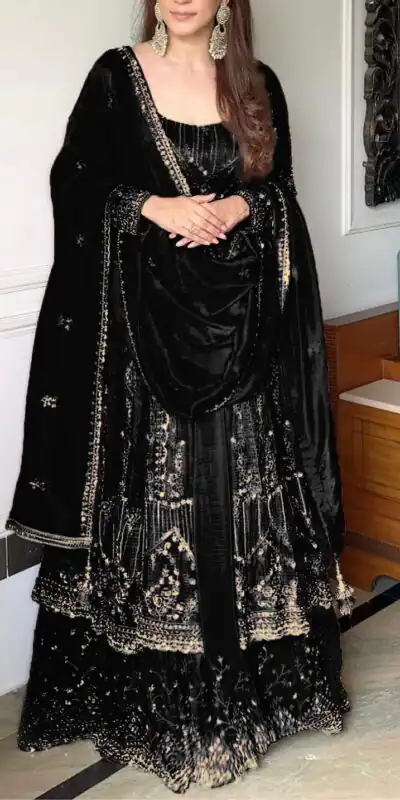 Black Crunchy Silk Lace Embroidery Work Gown | Gowns, Bollywood Gowns, Creative Gowns, Designer Gowns, Embroidered Gowns, Party Wear Gowns