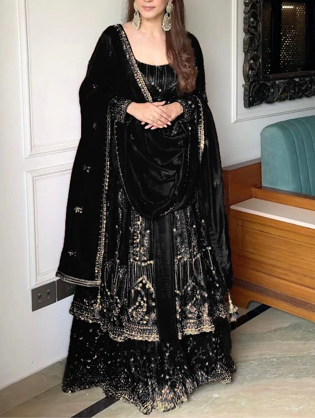 Black Crunchy Silk Lace Embroidery Work Gown | Gowns, Bollywood Gowns, Creative Gowns, Designer Gowns, Embroidered Gowns, Party Wear Gowns