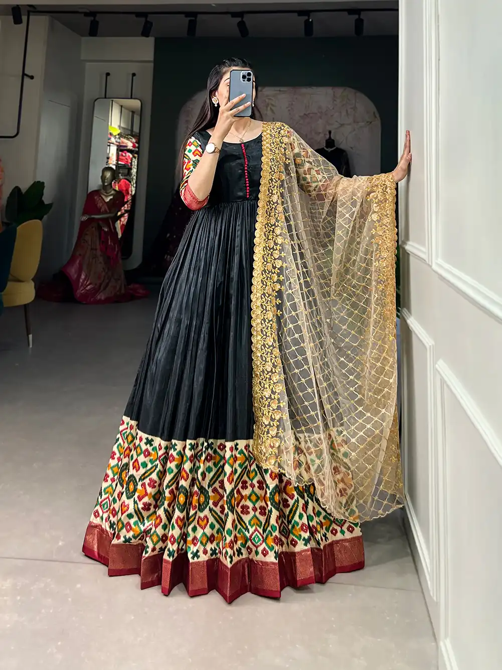 Black Dola Silk Print Foil Work With Dupatta Gown | Gowns, Bollywood Gowns, Creative Gowns, Designer Gowns, Embroidered Gowns, Party Wear Gowns